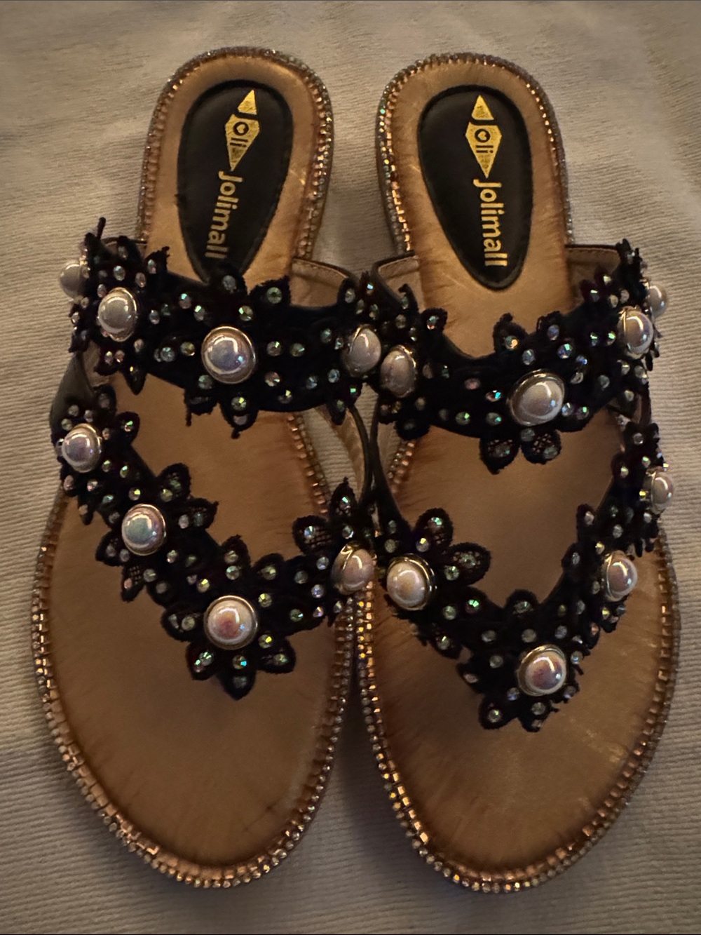 JoliMall - Black Slide Sandals - Rhinestone & Faux Pearls - Sz 39 (US 7.5 - 8) - Picture 6 of 10